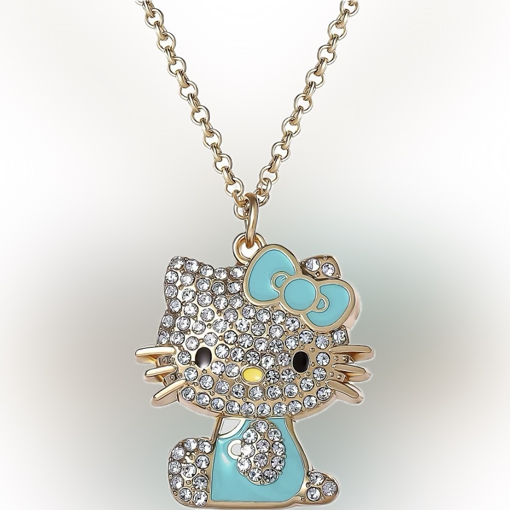 🎀Hello Kitty Sanrio Crystal Pendant Necklace -Gold-Tone with Teal Enamel Accents